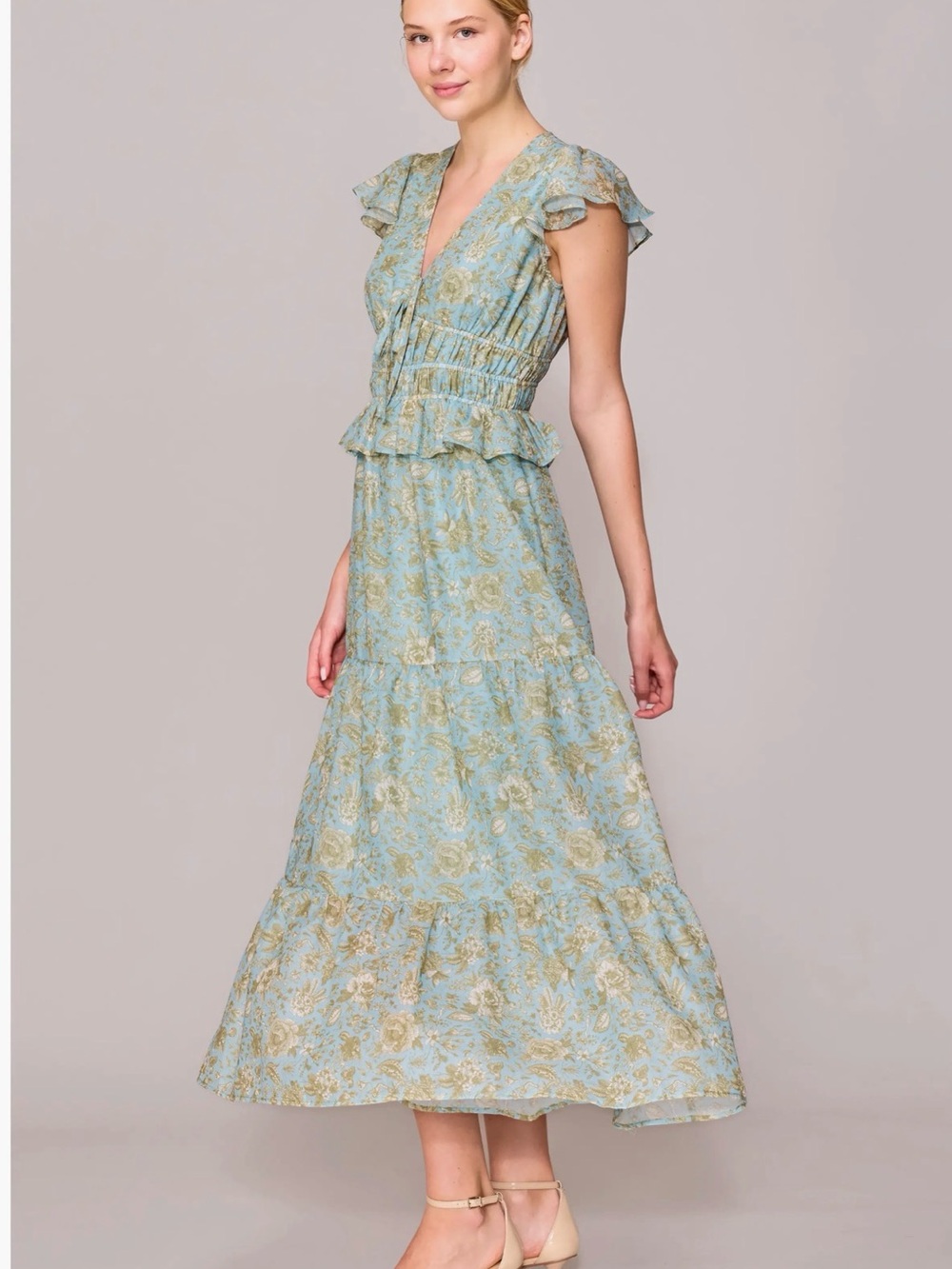 MELLODAY Dusty Blue & Gold Floral Ruffle Maxi Dress. From Nordstrom